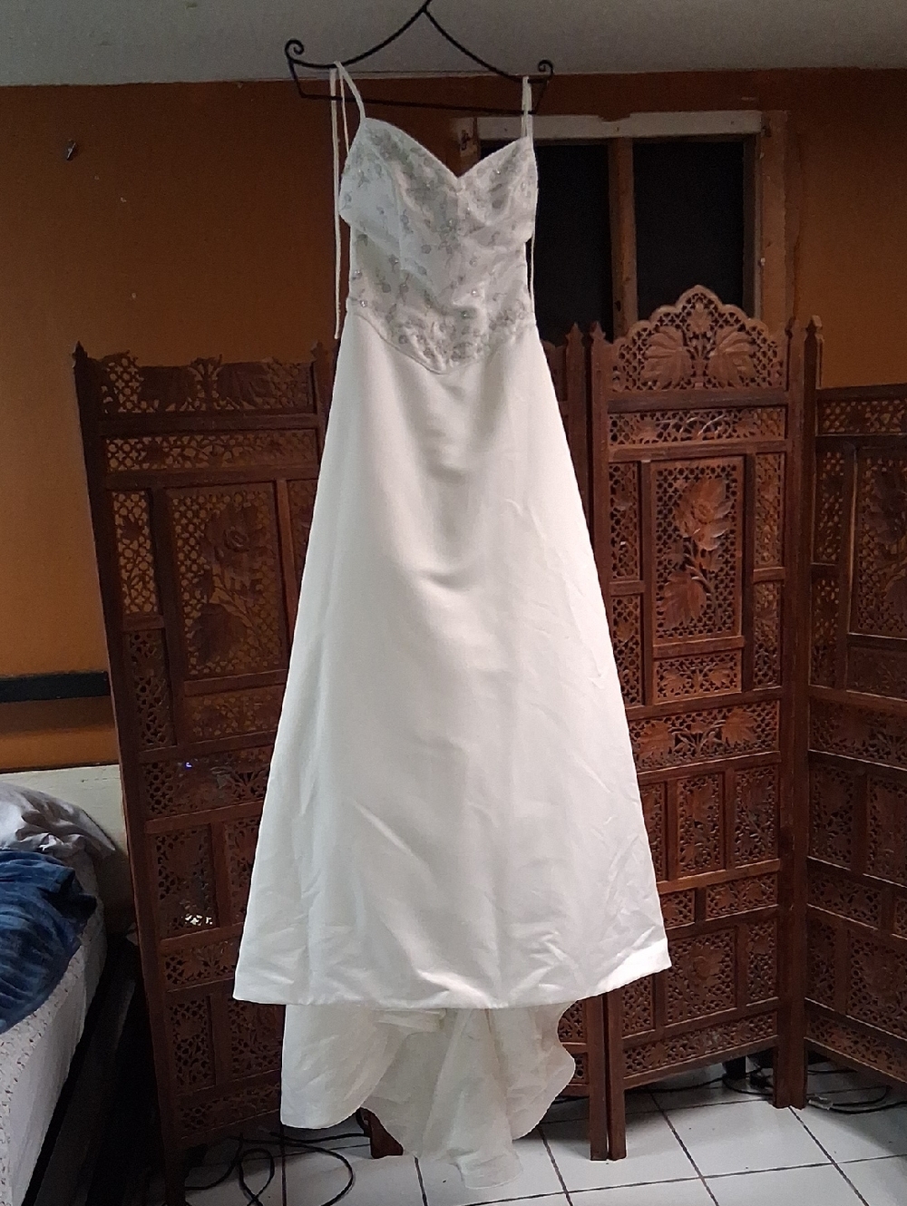 White Spaghetti-Strap Wedding Dress with Beaded Bodice-12